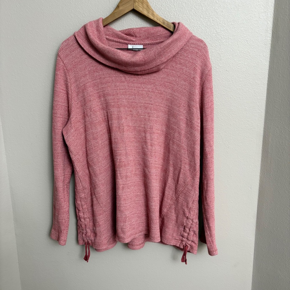 J. Jill Cowl Neck Top XL Pink Waffle Knit Heather Thermal Pullover Sweater